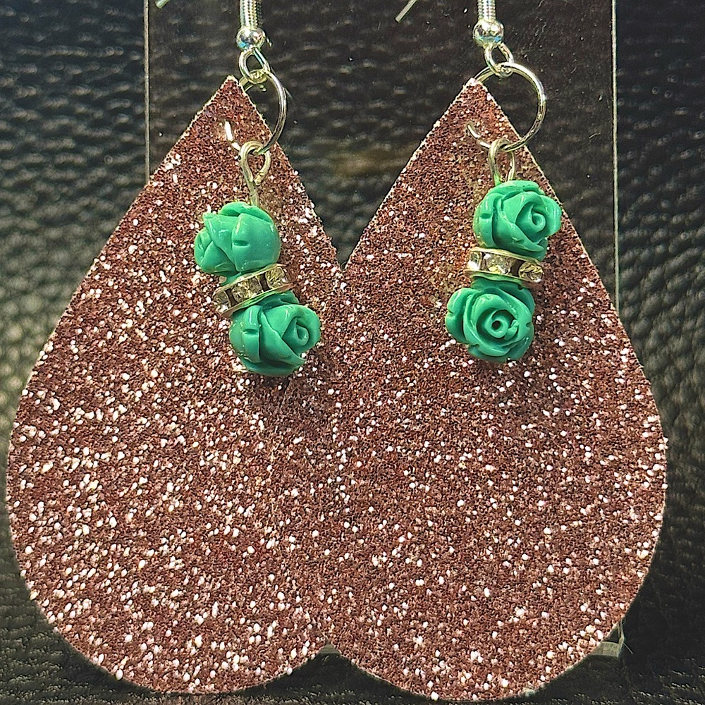 Handmade pink glitter teardrop faux leather earrings